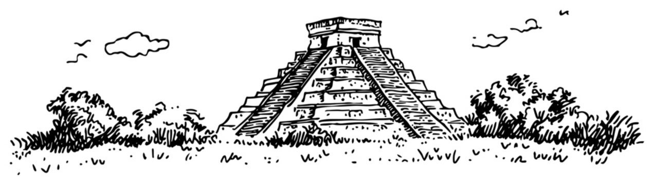 Ancient Mayan pyramid temple with clouds and bushes in hand drawn sketch style