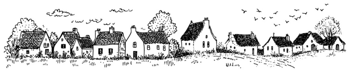 Obraz premium Village houses row with birds in sky in hand drawn engraving style