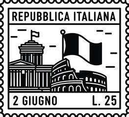 Naklejka premium Republic day italy vintage stamp commemorating june 2nd with iconic roman landmarks and flags