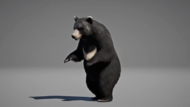 Sun bear performs a dance in CG fur rendering with realistic movements in a simple studio setting during the daytime