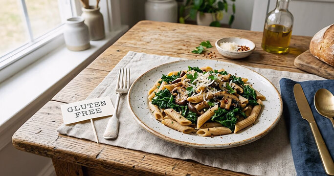 Gluten-free penne pasta with mushrooms and kale on a rustic wooden table with bread and cutlery.