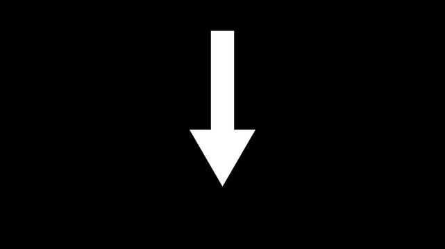 Minimalist white downward pointing arrow icon on a solid black background, directional symbol for web design, user interface, and download navigation.
