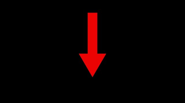 A striking, minimalist graphic featuring a bold, vibrant red downward pointing arrow set against a solid black background, suitable for UI design, navigation, and directional concepts.