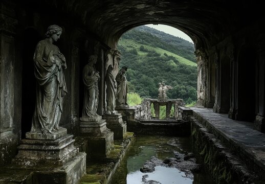 Ancient Stone Statues in Arched Corridor with Mountain Vista