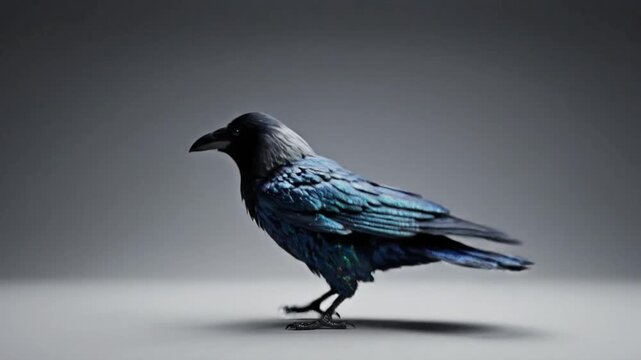 Crow dances with CG fur rendering in realistic style as it moves gracefully in a digital environment