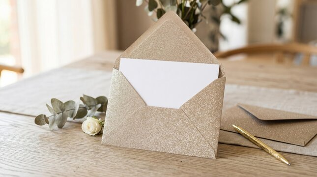Gold Glitter Envelope with White Card on Wooden Table for Wedding Invitation