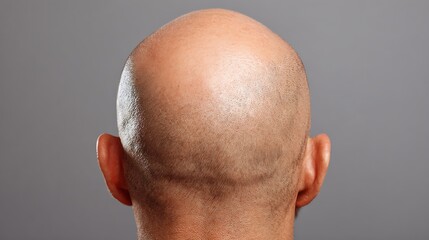 Fototapeta premium Back view of a completely bald man's head on a solid grey background
