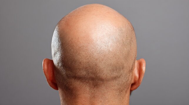 Back view of a completely bald man's head on a solid grey background