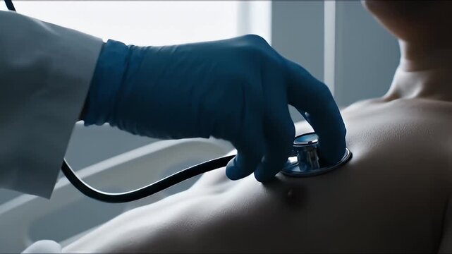 Close-up Medical Examination: Doctor in Blue Gloves Uses Stethoscope to Listen to Patient's Chest