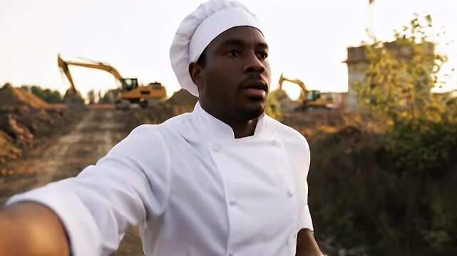 Close-up of a chef in uniform looking surprised amidst a construction site with excavators and