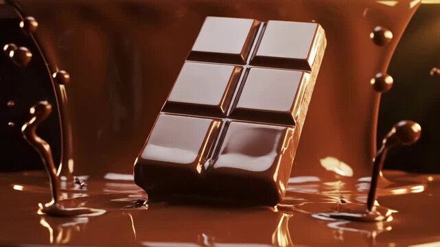 glossy chocolate bar leaning in flowing melted chocolate rich dessert macro scene