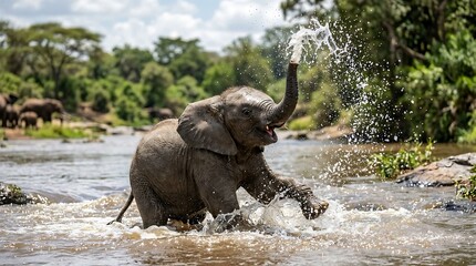 Fototapeta premium Baby Elephant Playing in Water Splash