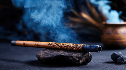 Naklejka premium Intricate carved bamboo smoking pipe rests on a dark stone, emitting fragrant blue smoke, creating a mystical atmosphere