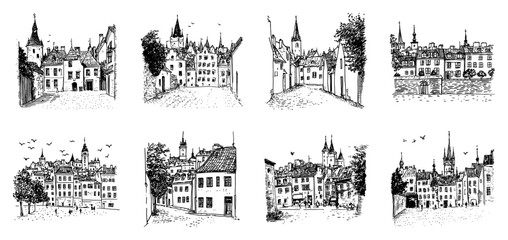 European old town architecture and narrow city streets in hand drawn sketch style © Kaz