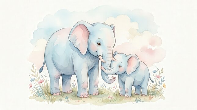 Cute Baby Elephant and Mother Elephant Watercolor Illustration for Kids Project
