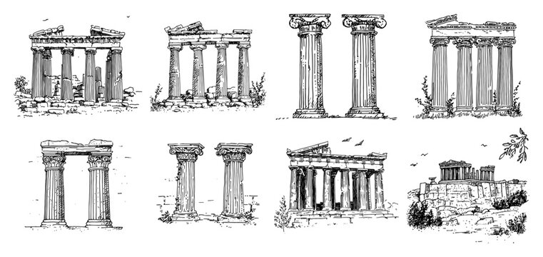 Ancient Greek temple ruins and architectural columns in sketch style