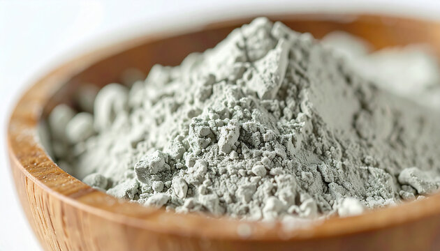 Bentonite clay powder in wooden bowl, detailed powder texture, blurred white background, natural skincare and wellness