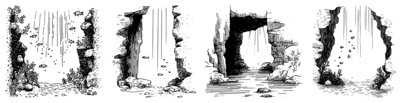 Underground cave interiors with waterfalls and rocky walls in hand drawn sketch style