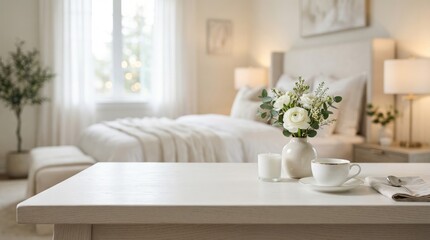 Naklejka premium Cozy White Bedroom Interior with Flowers and Tea Set for Home Decor