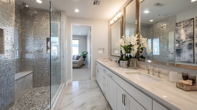 Modern master bathroom with double vanity, large mirrors, and glass shower with mosaic tiles.