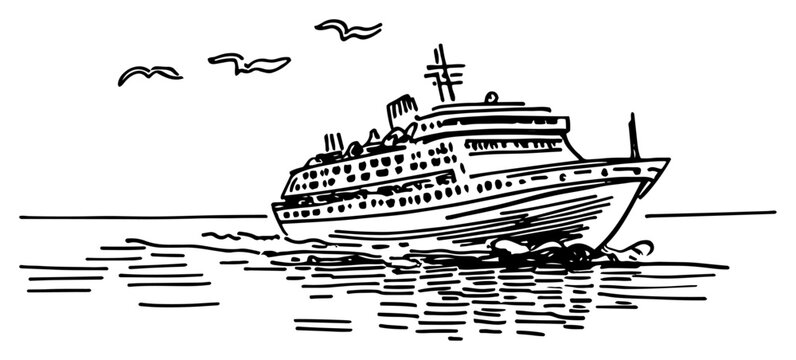 Cruise ship sailing on open sea with seagulls in hand drawn sketch style