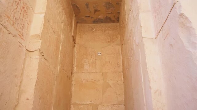 Queen Hatshepsut Temple in Valley of the Kings, Sculptures of Pharaohs at the entrance on floor three of Hatshepsut's Funerary Temple in Luxor, Egypt.Ancient Egyptian wall paintings