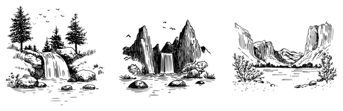 Nature landscape scenes including waterfalls and mountain valleys in hand drawn sketch style