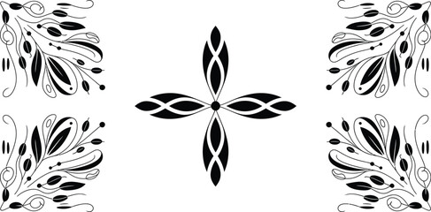 Fototapeta premium Elegant black and white floral vector pattern featuring a lily blossom silhouette and butterfly element for a nature-inspired tattoo wallpaper design
