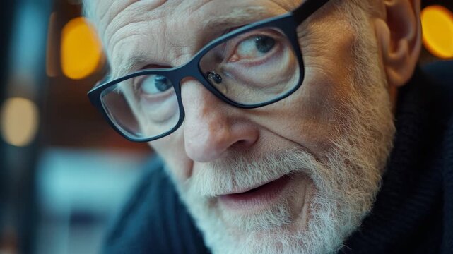 This is a stock video of an older man wearing glasses and a beard, sitting at what could be a bar or cafe, possibly in deep contemplation.