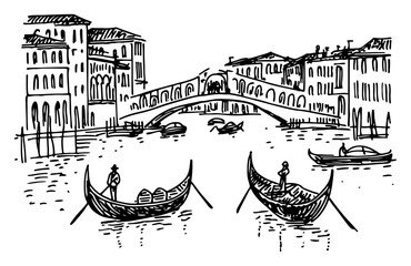 Venice canal with gondolas and Rialto Bridge in hand drawn doodle style © Kaz