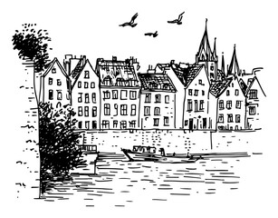 Naklejka premium Waterfront houses and boat on river in hand drawn sketch style