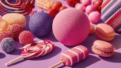 Vibrant and colorful candy assortment showcasing lollipops and macarons, perfect for sweet-themed projects.