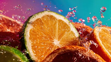 Vibrant close-up of a juicy orange slice with water droplets, showcasing freshness and tropical allure.