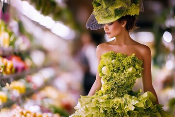 Model wearing a unique dress made of lettuce and greens, blending fashion with fresh produce in a supermarket.