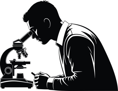 Scientist silhouette, microscope research, scientific discovery, laboratory illustration, biology study, chemistry experiment, medical science, modern design, knowledge pursuit, minimal art
