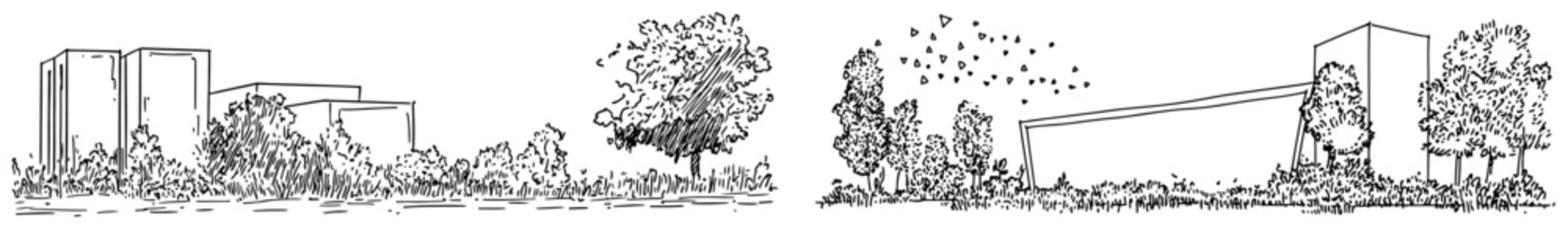 Modern minimalist building surrounded by lush greenery and birds in hand drawn sketch style