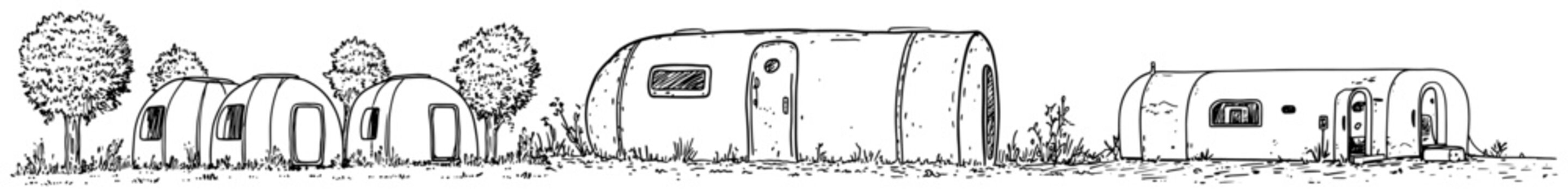 Futuristic capsule houses and dome shaped modular homes in nature in hand drawn sketch style