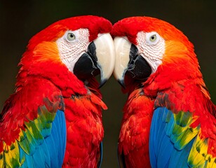Fototapeta premium Two vibrant scarlet macaws face each other, their beaks nearly touching, against dark background