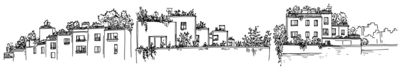 Contemporary townhouses with rooftop gardens and lush vegetation in sketch style © Kaz