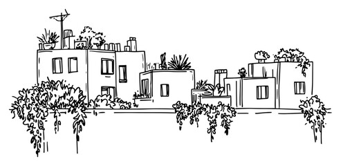 Modern urban buildings with rooftop gardens and hanging plants in ink sketch style © Kaz