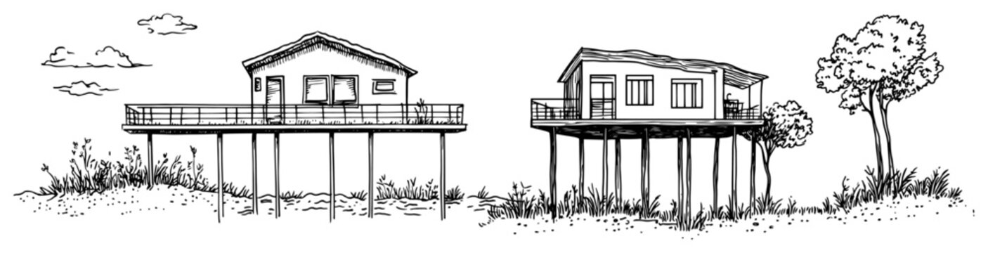 Modern houses built on stilts in a grassy landscape in hand drawn sketch style