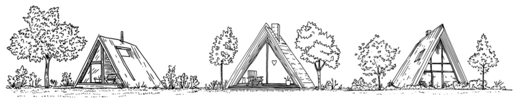 Modern a-frame cabins and camping huts among trees in hand drawn doodle style