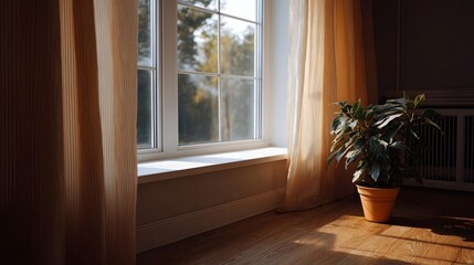 Fototapeta premium Sunlight streams through a window illuminating a potted plant and wooden floor in a quiet domestic interior setting with sheer curtains