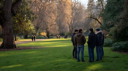 Obraz premium A group of men stand in a circle engaged in conversation in a sunlit park during autumn