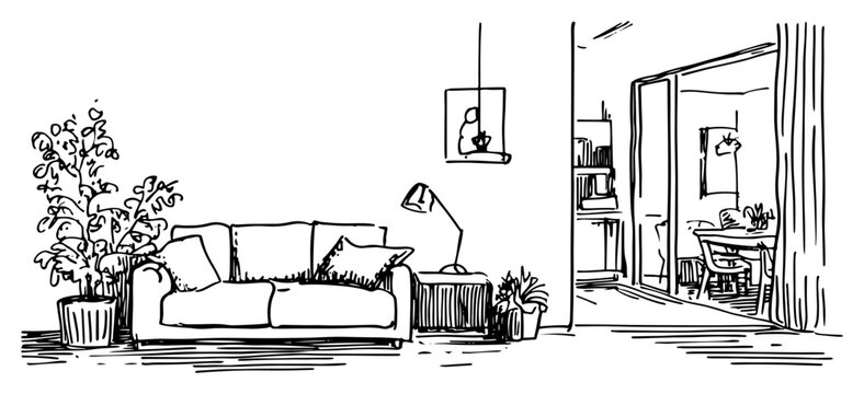 Living room interior with sofa floor lamp and potted plant in hand drawn sketch style