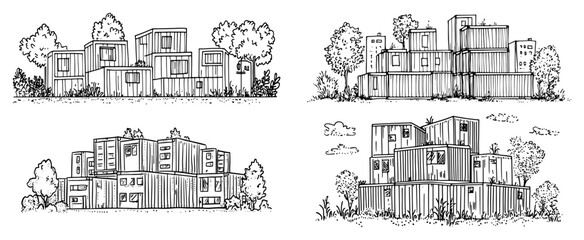 Obraz premium Container housing complexes with trees and greenery in hand drawn sketch style