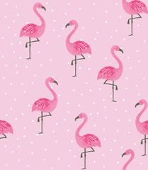 Fototapeta premium Watercolor Pink Flamingo Seamless Pattern with White Polka Dots on Lilac