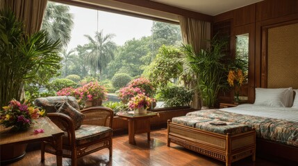 Fototapeta premium This room features natural furniture, fresh flowers, and a scenic view of a tropical landscape through a large window.