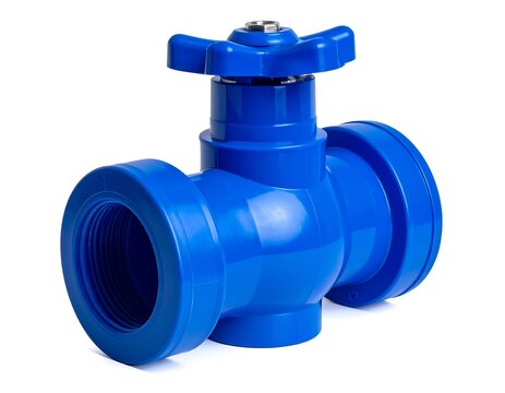 A vibrant blue, plastic valve with a round body and a butterfly-style handle, displayed on a clean white background