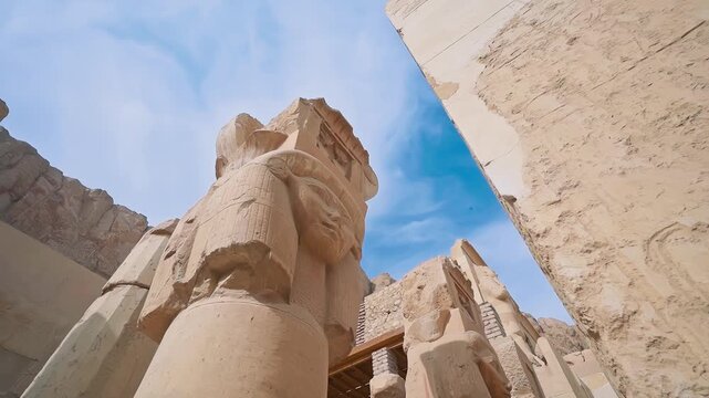 Queen Hatshepsut Temple in Valley of the Kings, Sculptures of Pharaohs at the entrance on floor three of Hatshepsut's Funerary Temple in Luxor, Egypt.Ancient Egyptian wall paintings